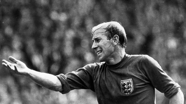 Bobby Charlton pictured playing for England in 1966